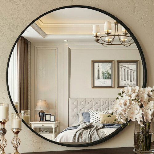 90cm Round Vanity Wall Mirror,Tempered Glass Black