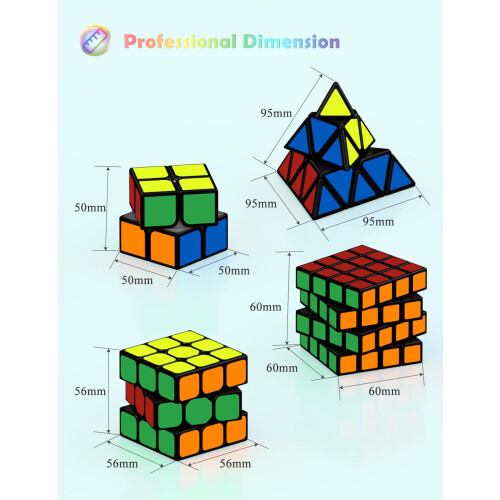 ROXENDA Speed Cube Set, 2X2 3X3 4X4 Pyramid Cube Original Fast with Instruction [4 Pack](Sticker Cube Set) 1
