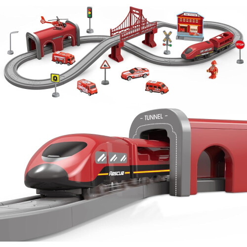 XIAPIA Electric Train Set, 66-Piece Red Fire Engine Railway Toy