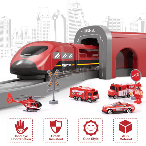 XIAPIA Electric Train Set, 66-Piece Red Fire Engine Railway Toy 1