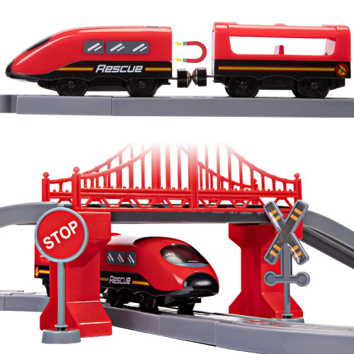 XIAPIA Electric Train Set, 66-Piece Red Fire Engine Railway Toy 2