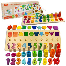Felly Montessori Toys for 3 year olds, 2 in 1 Educational Wooden Blocks Puzzle Math Sorting Stacking Number Counting Board Game Learning Toys for