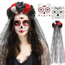 HOWAF Day Of The Dead Headband Veil Rose Floral Crown Mexican Headband