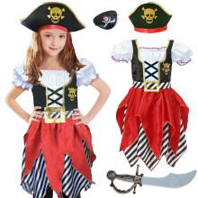 Girls Pirate Costume Buccaneer Princess Dress for Kids Pirate Lass Costume Role Play Dress Up Set 3-10Years