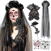 HOWAF Day Of The Dead Headband Veil Rose Floral Crown Mexican Headband