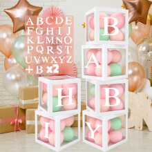 6Pcs Balloon Boxes with 54 Letters, Boy Girl Baby Shower Decorations Box, 2sets of B+A-Z Letters, 25cm Custom Name Balloon Boxes, Birthday Party