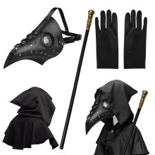 4PCS Halloween Props Costume Set, Plague Doctor Mask Props Long Nose Beak Mask with Black Hooded Cape, Black Gloves
