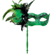 MYSEUNI 2024 New Masquerade Mask for Women with Stick - Shiny Women's Feather Mardi Gras Venetian Mask for Costume Accessory