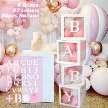 QIFU Baby Shower Decorations Boxes for Girls, 30 Balloons(pink&white), 4 Transparent Balloon Boxes with 27 Letters, Include B+A-Z