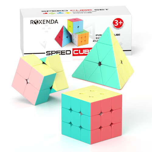 ROXENDA Speed Cube Set, 2X2 3X3 Pyramid Speed Cube Stickerless Fast Cube with Instruction (Macaron cube set)