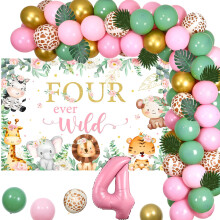 Jollyboom Four Ever Wild Birthday Decorations, Pink Safari Birthday Backdrop for 4th Girls