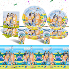 Party Tableware Set- 51Pcs Blue Children's Birthday Party Tableware Decoration Dog Cartoon Themed Party Supplies Plates, Cups