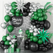 Black and Green Silver Balloon Arch Kit with Explosion Star Balloons