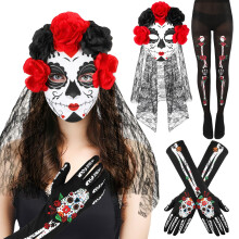 HOWAF Dia de Los Muertos Halloween Day Of The Dead Costume Headband With Mask, Skeleton Gloves, Skeleton Tights For Dia De Los Muertos