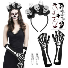 HOWAF Halloween Day of the Dead Headband Skeleton Flower Crown, Face Tattoos, Mouth Tattoo Sticker, Skeleton Gloves