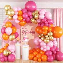 Pink and Orange Balloons Arch Kit, 122 Pcs Hot Pink Orange with Metallic Gold Latex Balloon Garland
