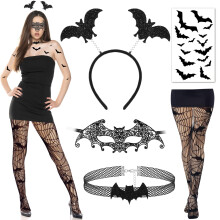 DPKOW Bat Headband Mask Halloween Fishnet Tights Black Bat Tattoos Temporary Necklace Costume Women's Halloween Accessories