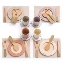 ROBOTIME Play Kitchen Dishes Set, 29PCS Kids Wooden Toy Plates and Cutlery for Pretend Play Food Kitchen Toyset, Montessori Toy Accessories