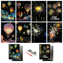 Scratch Paper Rainbow Painting Sketch, City Series Night Scene,Scratch Painting Creative Gift,Scratchboard for Adult with 4 Tools（Hot Air Balloon +