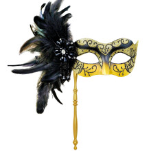 MYSEUNI 2024 New Masquerade Mask for Women with Stick - Shiny Women's Feather Mardi Gras Venetian Mask for Costume Accessory
