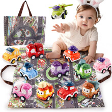 Baby Car Toys for 1-3 Year Old Boys & Girls, Pull Back Vehicles with 2-in-1 Playmat, Friction Powered Educational Toys