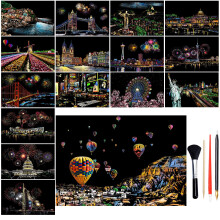 16Pcs A4 Scratch Art Paper for Adults, Rainbow Night View Scratch Template