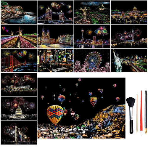 16Pcs A4 Scratch Art Paper for Adults, Rainbow Night View Scratch Template