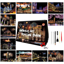 Scratch Art Painting Paper Set for Adults,Landmark Building City Series Night Scene,Scratchboard Creative Gift DIY Foil Engraving Crafts with 4 Tools