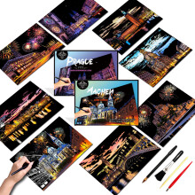 Scratch Art Painting Paper Set for Adults,Landmark Building City Series Night Scene,Scratchboard Creative Gift DIY Foil Engraving Crafts with 4 Tools