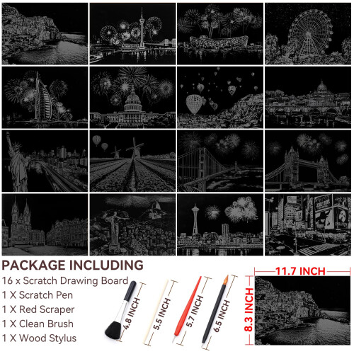 16Pcs A4 Scratch Art Paper for Adults, Rainbow Night View Scratch Template 1