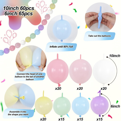 Rainbow Linking Balloons, 145PCS Colorful Quick Link Balloons Assorted 1
