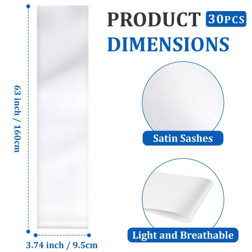White Blank Sashes, 30 Pack, 160 x 9.5 CM Satin Sash Plain Sashes 1