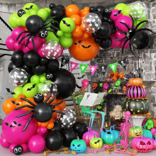 135PCS Neon Halloween Balloon Garland Kit, Bright Pink Lime Green Orange Black Balloons Arch with Diy Spider & Bat