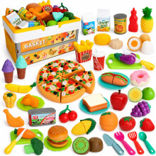 BunnyJOY Play Food Set for Kids Children, Toy Kitchen Accessories, Fake Cutting Plastic Fruit Vegetables with Folding Basket