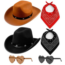 Cowboy Hats Pack of 2 Unisex Felt Western Hats & Bandanas Texas Texan Costume Accessories for Men, Women, Adults Wild West Fancy Dress Party