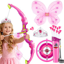 OWNONE 1 Pink Bow and Arrow Set for Girls, LED Light Up Archery Set with 10 Suction Cup Arrows, Target, Fairy Wings & Princess Crown