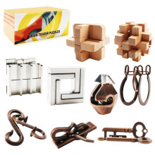 9pcs Puzzles Bulk Gift for Kids, Teens, and Adults - Retro Wooden & Metal Interlocking Brain Teaser Toys