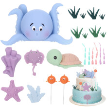 22 Pcs Under the Sea Cake Decorations, Ocean Animals Cake Toppers with Leavesm, Reusable Animal Cakes Decorations