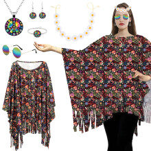 SSKHE 70s Hippie Costume Accessories Set, Boho Cape with Necklace Earring Bracelet Sunglasses Headband