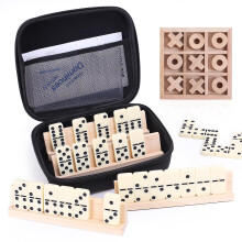 2 In 1 Dominoes and Noughts & Crosses Game Set, 28 Tiles Dominos with 4 Wooden Racks, Wood Tic Tac Toe Classic Board Games
