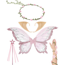 Fairy Costumes 5 Pcs Set, Butterfly Wings Flower Crown Elf Ears Ivy Arm Wrap Fairy Wand