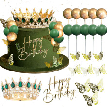 Green Crown Cake Topper Gold Balls Cake Decor Crown Birthday Decor