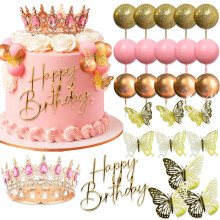Pink Crown Cake Topper Gold Balls Cake Decor Crown Birthday