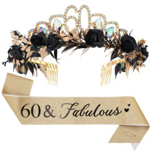 Birthday Flower Crown and Sash Set - Rose Floral Crystal Headband with Fabulous Sash Headdress for Women Happy Birthday Party Accessories Gift