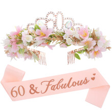 Birthday Flower Crown and Sash Set - Rose Floral Crystal Headband with Fabulous Sash Headdress for Women Happy Birthday Party Accessories Gift