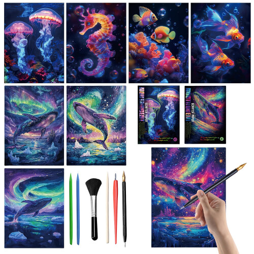 Scratch Art for Adults and Kids - 8-Piece Luminous Rainbow Scratch Notes Kit with Scratching Tools