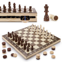 15'' Chess Set, Wooden Magnetic Chess Board with Checkers & 2 Extra Queen