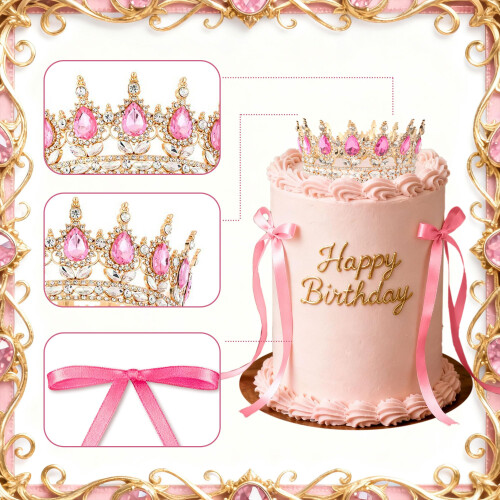 Pink Crown Cake Topper Queen Crown Tiara Cake Decorations 2