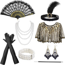 GWAWG 1920s Accessories for Women,1920s Flapper Great Gatsby Accessories Set,Headband Gloves Necklace Earrings Lace Folding Fan,For Retro Carnival