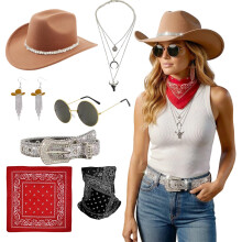 7 Pcs Cowgirl Accessories for Women with Cowboy Hat Bandana Glasses Sequin Belt Earrings Necklace Neck Warmer for Hippie Disco Halloween Party Cosplay